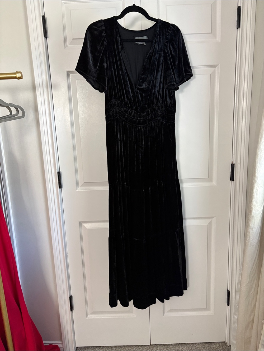 Anthropologie Black Velvet V-Neck Maxi Dress with Smocked Waist